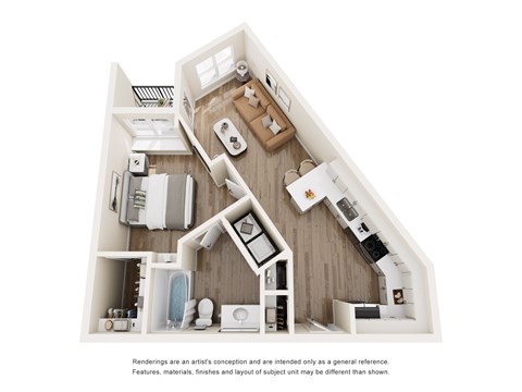 Floor plan for 1 bed, 1 bath, 595 sqft